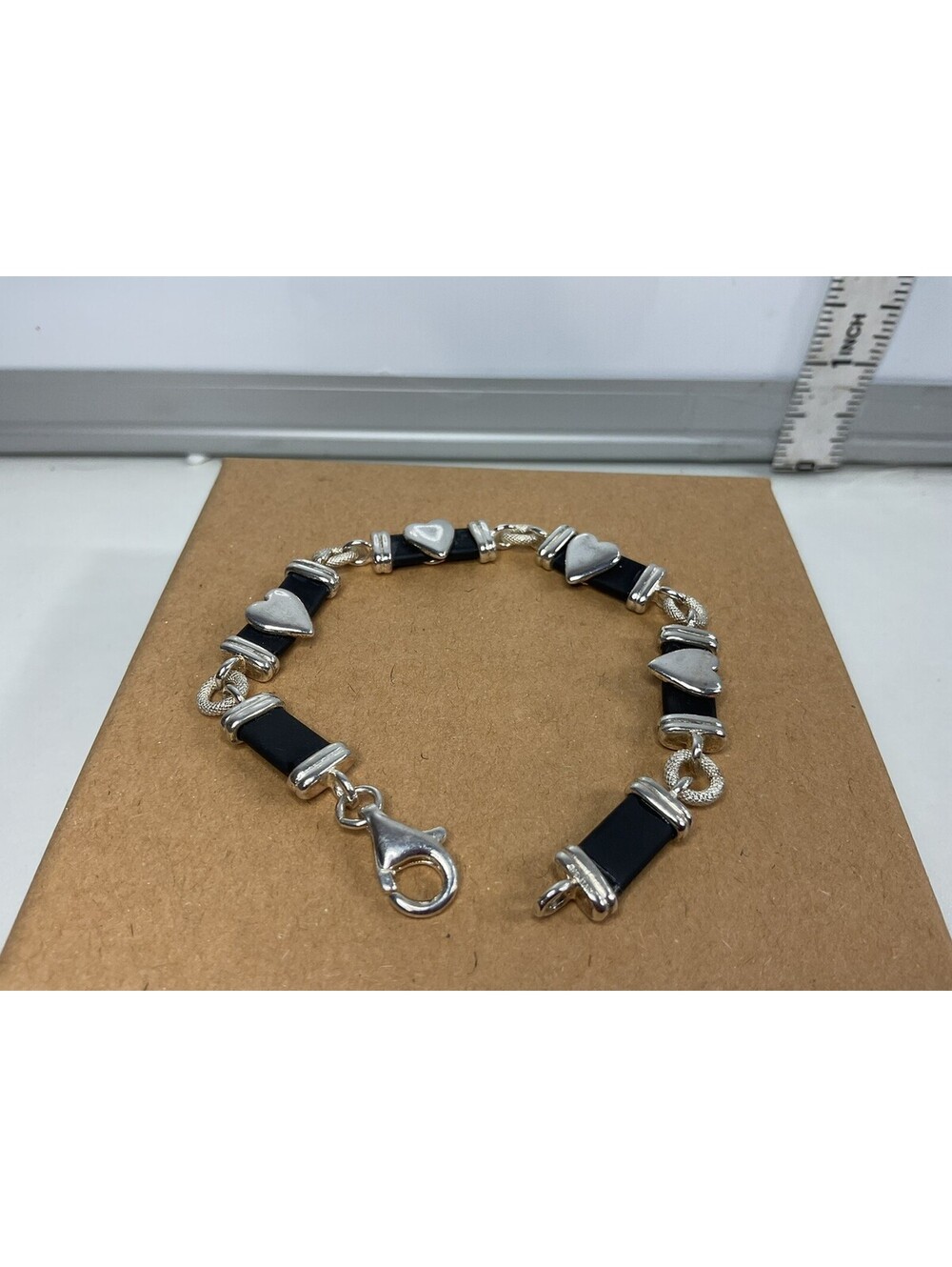 Sterling Silver And Rubber Heart Bracelet 6.75” UNIQUE